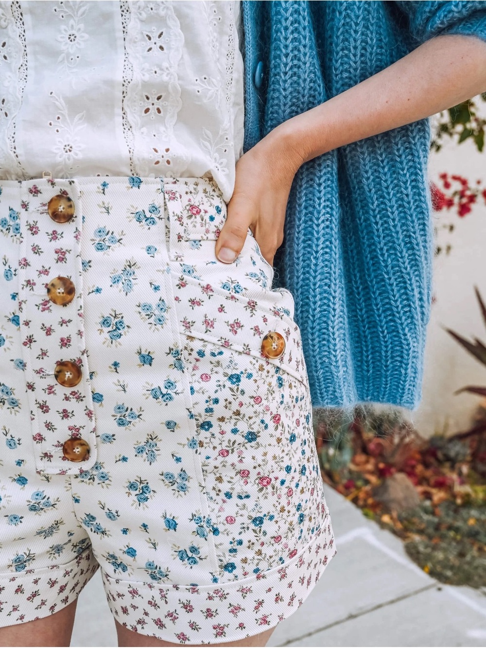 Sezane Patchwork Nathan shorts Shorts in Cream with Blue & Pink Floral